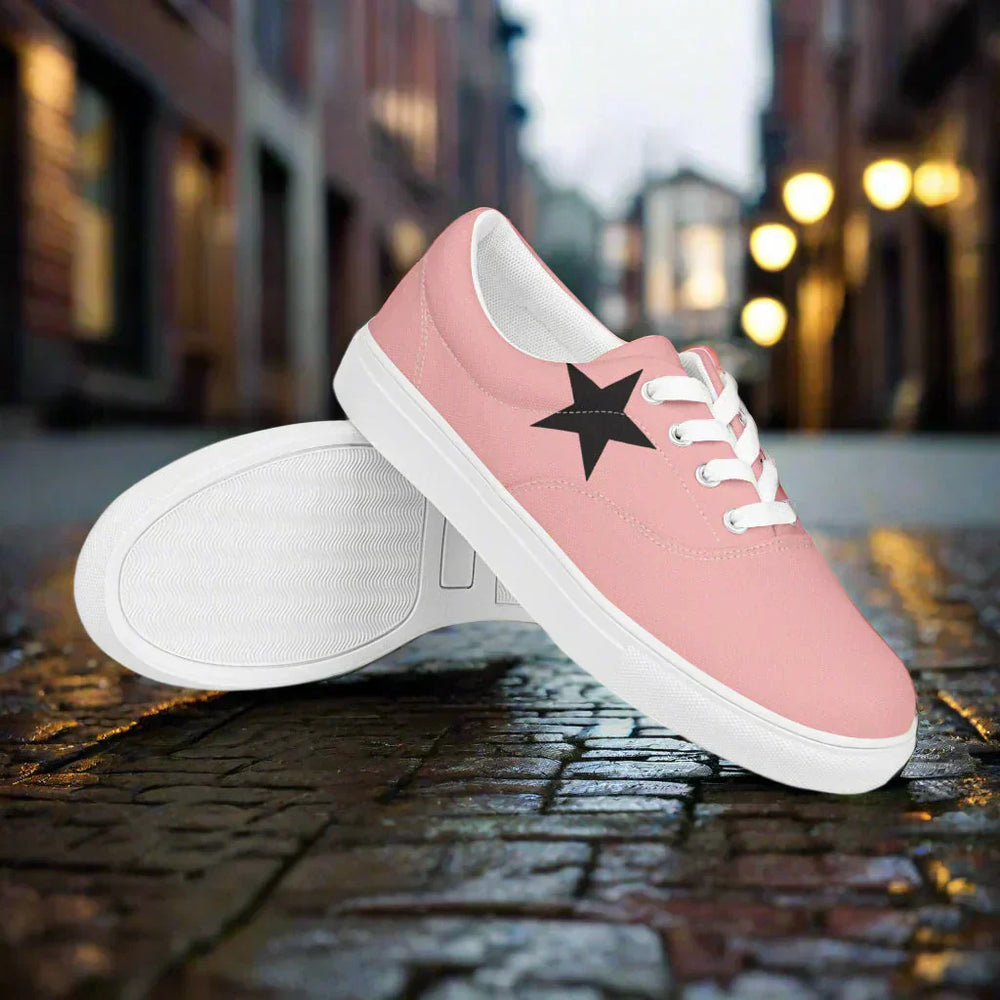Stylish pink casual shoes featuring a star design, showcasing 2025 casual footwear trends on a city street