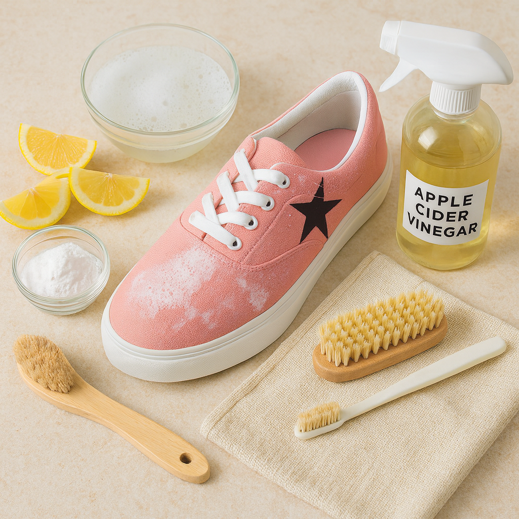 Pink canvas sneaker with baking soda lemon slices brushes and apple cider vinegar spray Clean Shoes Without Chemicals
