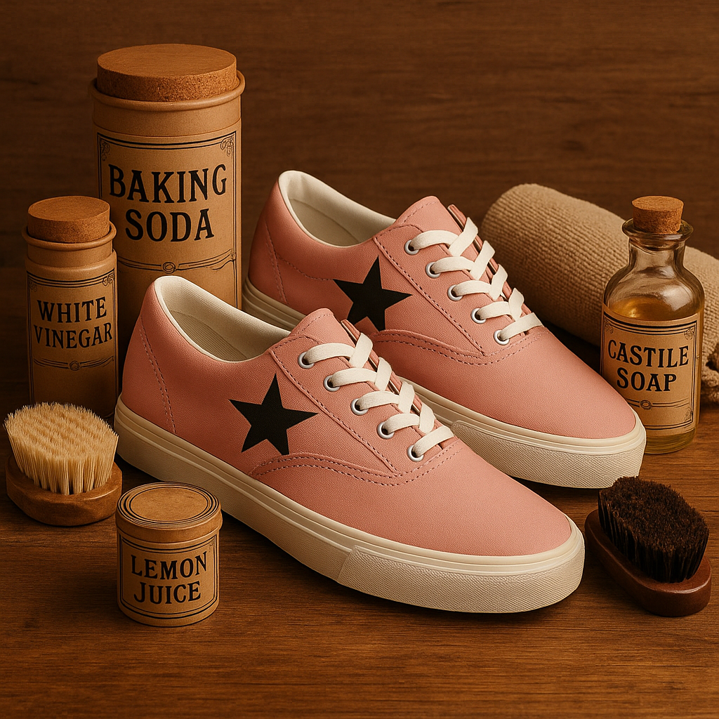 Canvas Shoe Care Kit with pink canvas sneakers featuring black star and cleaning supplies like baking soda vinegar soap brushes