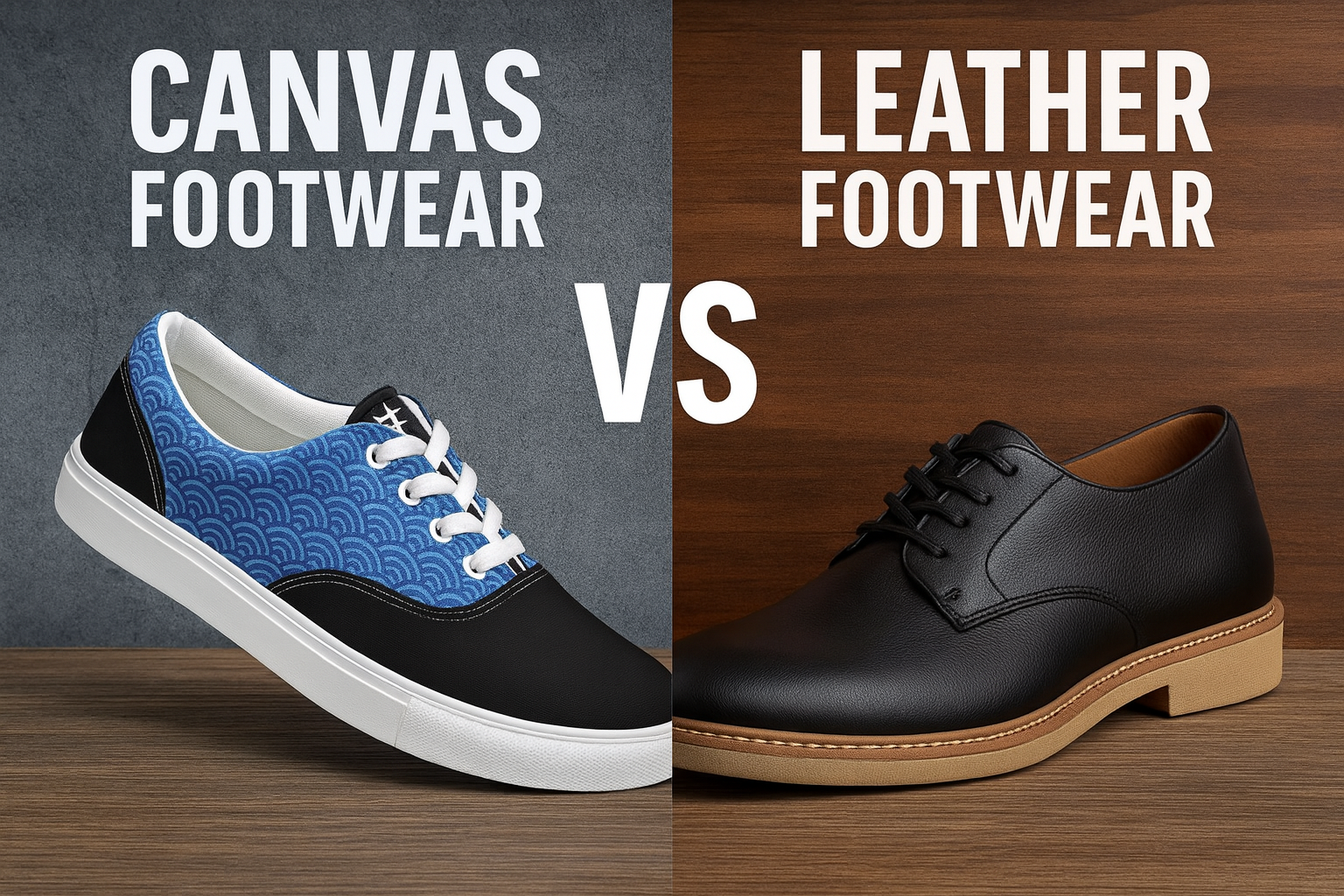 Split image showing a blue canvas sneaker on left and a black leather dress shoe on right labeled Canvas vs Leather comparison