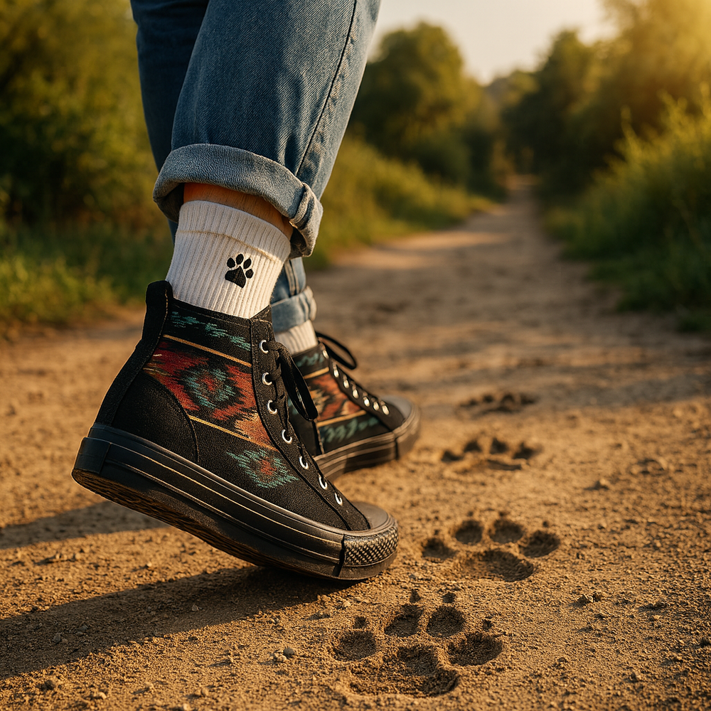 Person wearing patterned high top canvas shoes on a dirt trail leaving paw print impressions
