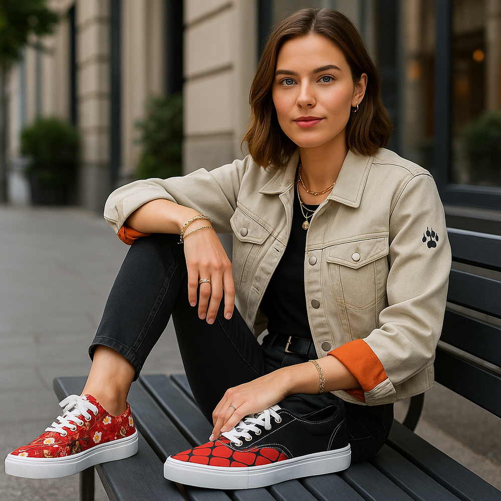 Young woman seated on a city bench wearing mismatched sneakers, one in bold floral red print and the other in black and red geometric canvas, beige jacket with subtle wolf paw branding, lifestyle fashion photo.