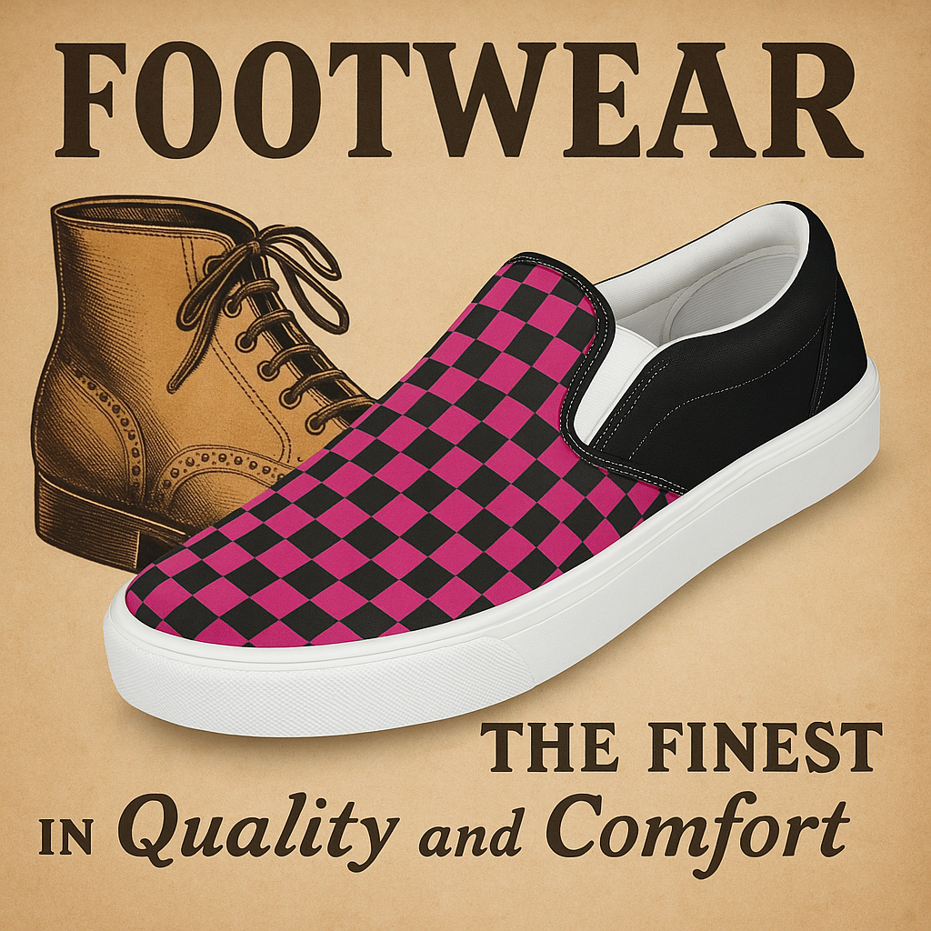 Heritage Footwear ad showing pink and black checkerboard slip on sneaker with vintage boot illustration and comfort slogan