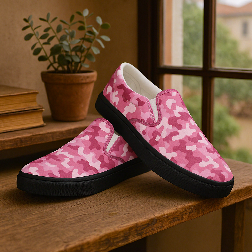 Pink camouflage slip on canvas shoes on wooden table by window with plant and books Maintaining Canvas Shoes guide
