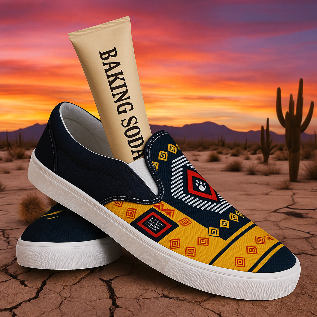 Odor Control Hacks for Canvas Shoes showing patterned slip on canvas sneakers with baking soda tube against desert sunset