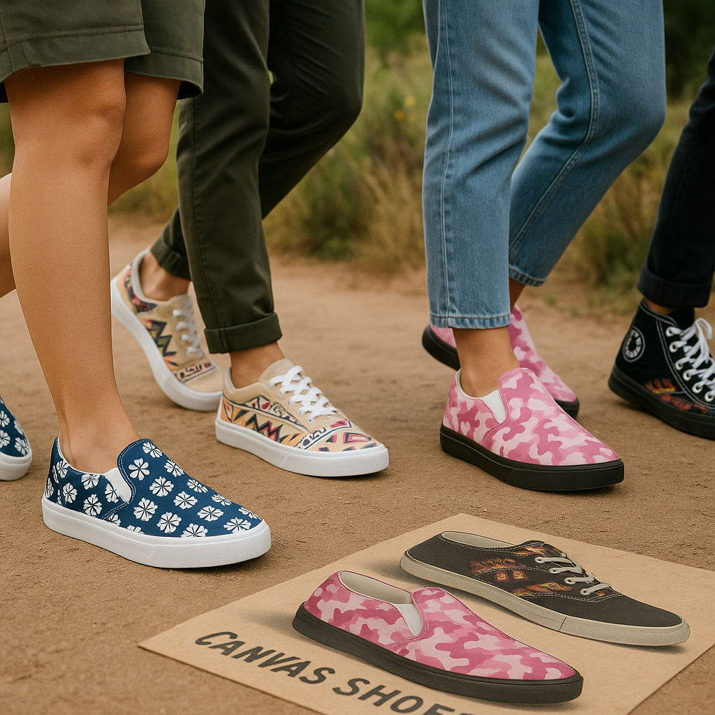 Four individuals standing side by side on a sidewalk, each wearing a different pair of WildSage canvas shoes.