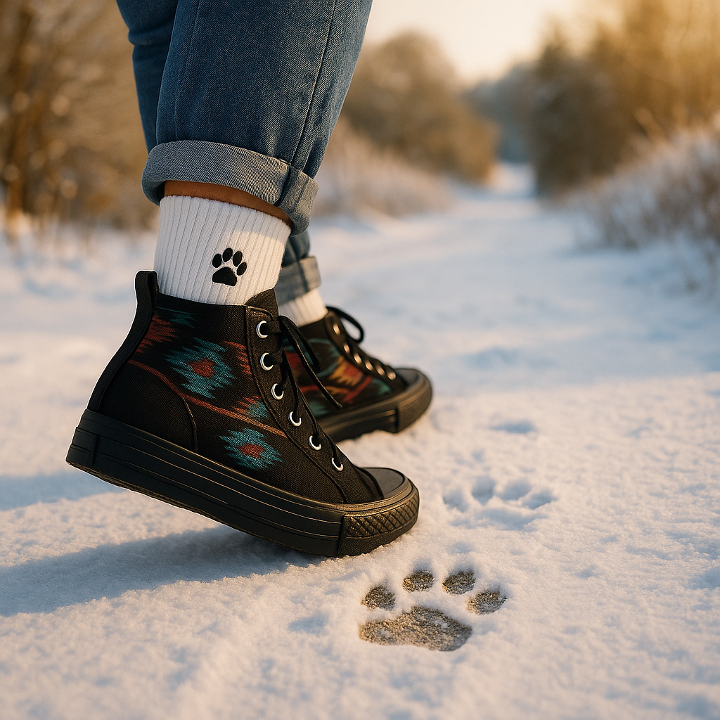 Winterizing Your Canvas Footwear image of patterned black high top canvas sneakers and paw print socks on snowy path