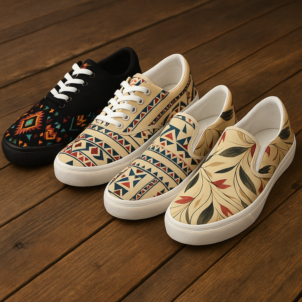 Four patterned canvas sneakers on a wooden floor including slip on and lace up styles showcasing Everyday Shoes for Under $100