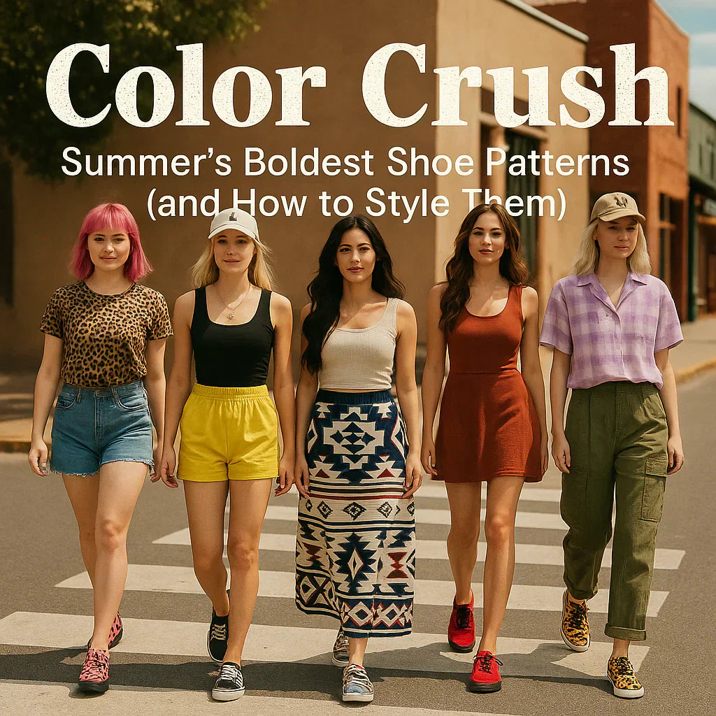 Fashionable summer shoes showcasing bold patterns and stylish outfits for the season
