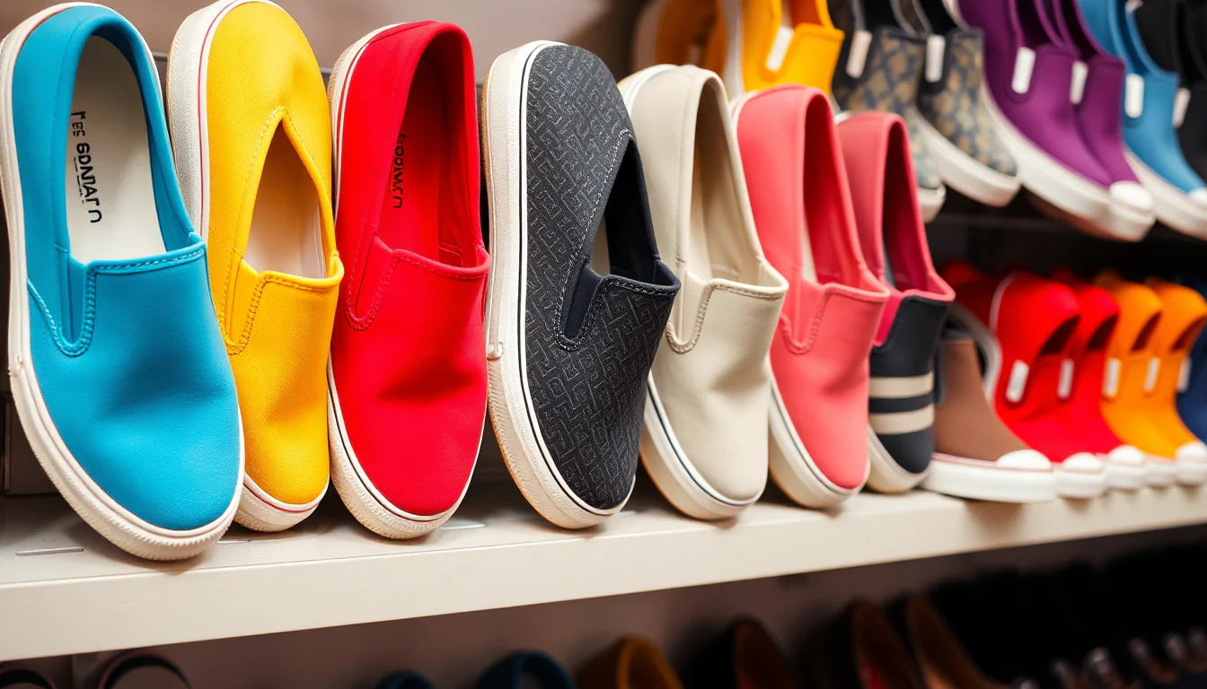 Variety of colors of slip on canvas shoes displayed neatly on store shelves
