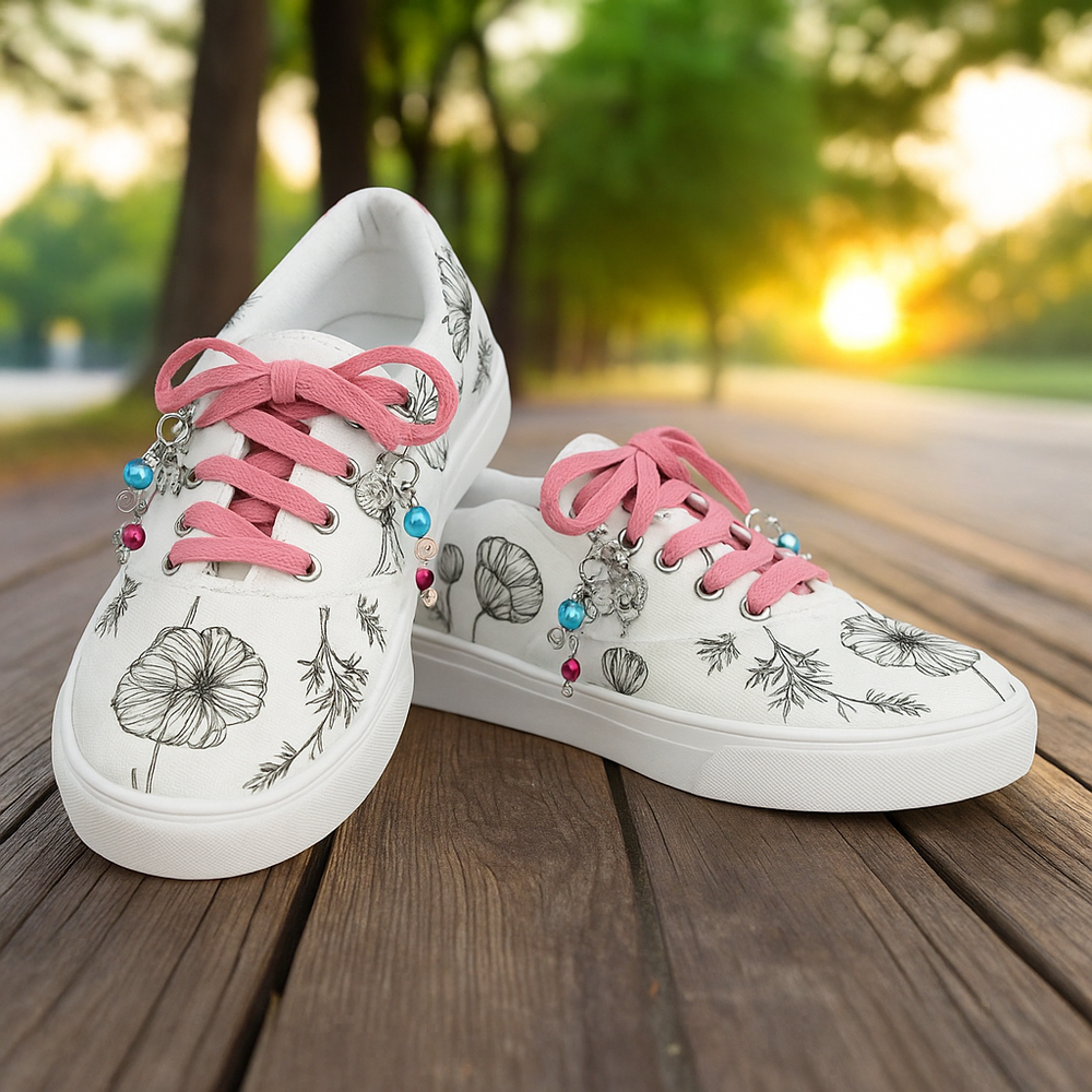 White custom shoes with pink laces and floral designs displayed outdoors on wooden surface