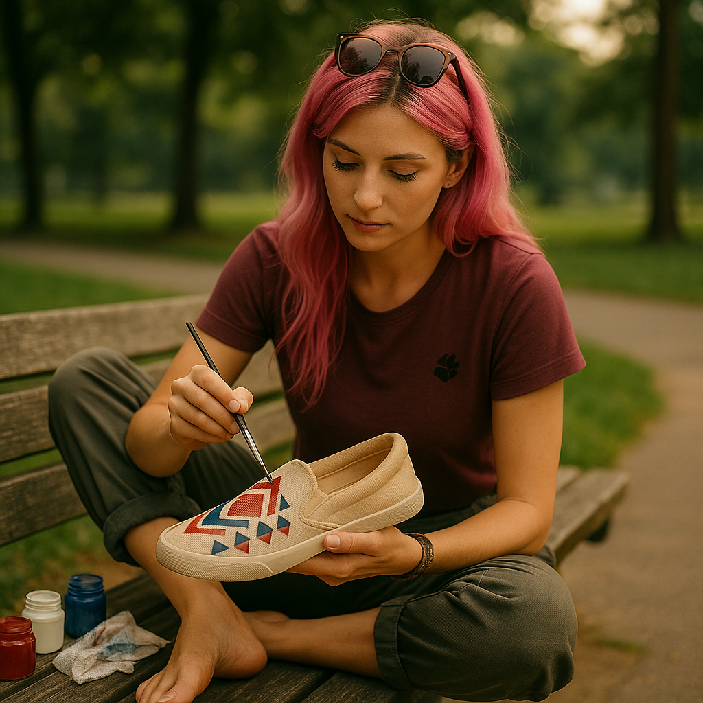 Woman painting geometric pattern on casual slip-on shoe highlighting color outsoles design