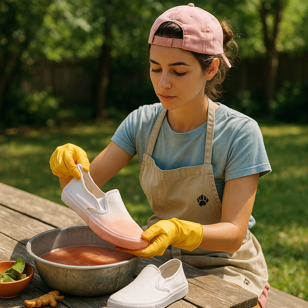 Woman dyeing white shoes using shoe dye in an outdoor setting with gloves and apron