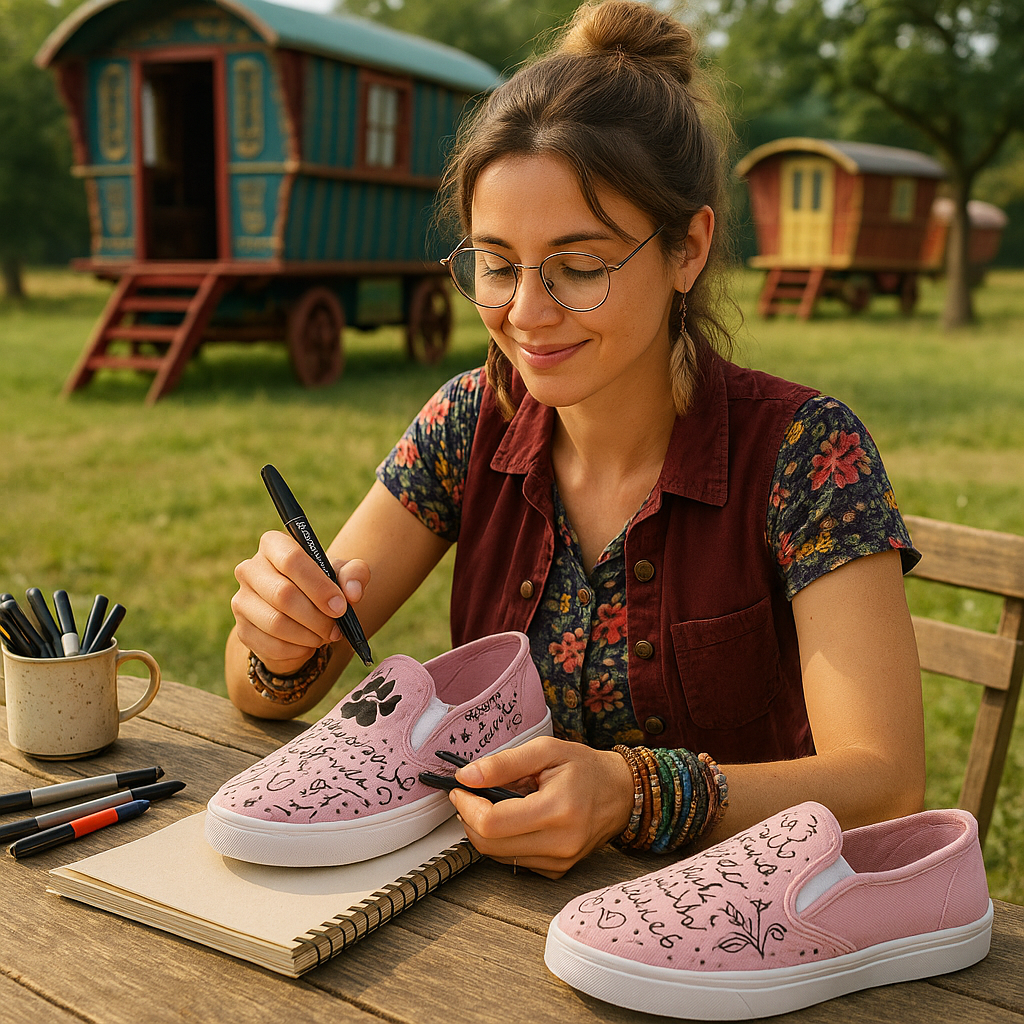 Woman creating unique shoe art by drawing black designs on pink slip-on sneakers outdoors