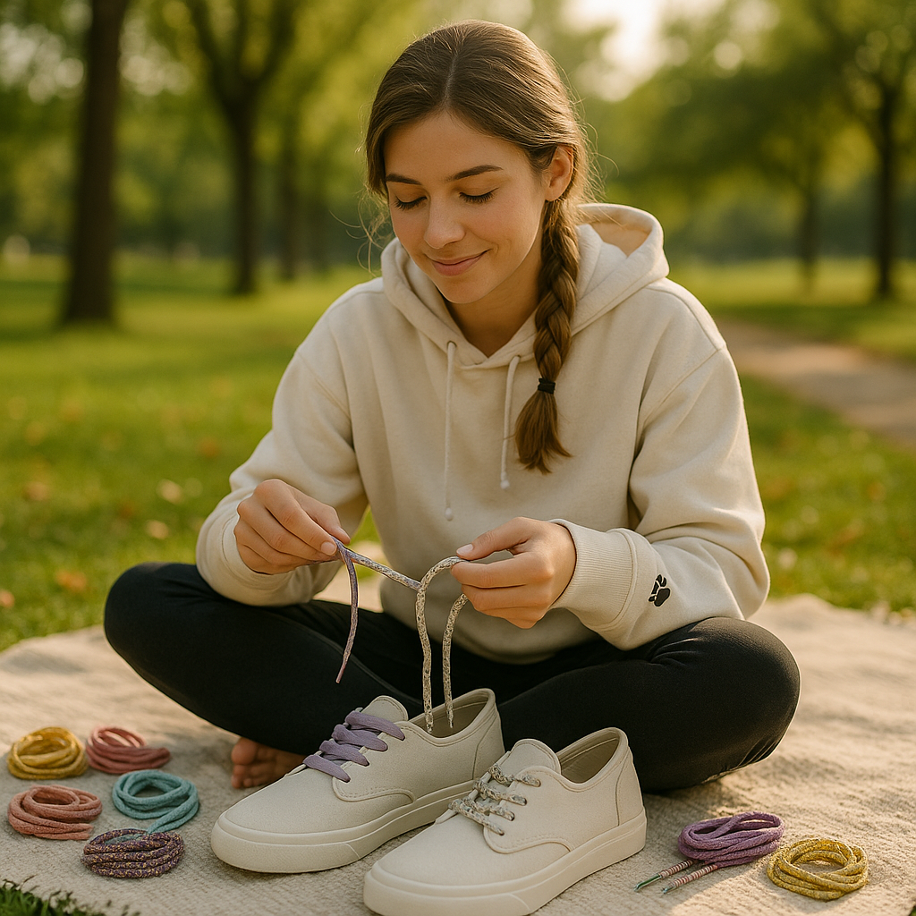 Young woman sits cross-legged outdoors swapping out colorful shoelaces on a pair of lace-up canvas sneakers.