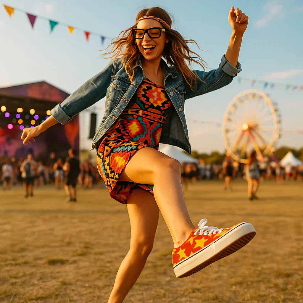 Joyful woman dancing at a footwear festival, wearing colorful sneakers and a vibrant dress
