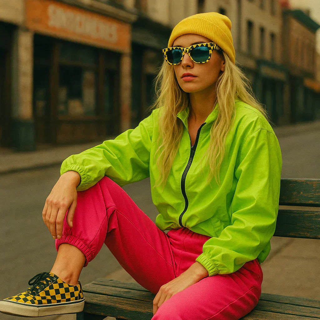 Fashionable streetwear shoes paired with vibrant attire on a city street for a stylish look