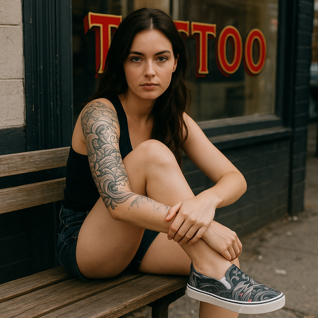 Young woman outside tattoo parlor wearing black tank and slip-on canvas shoes with dark ink-style wave print. One leg propped to highlight footwear against gritty city backdrop.