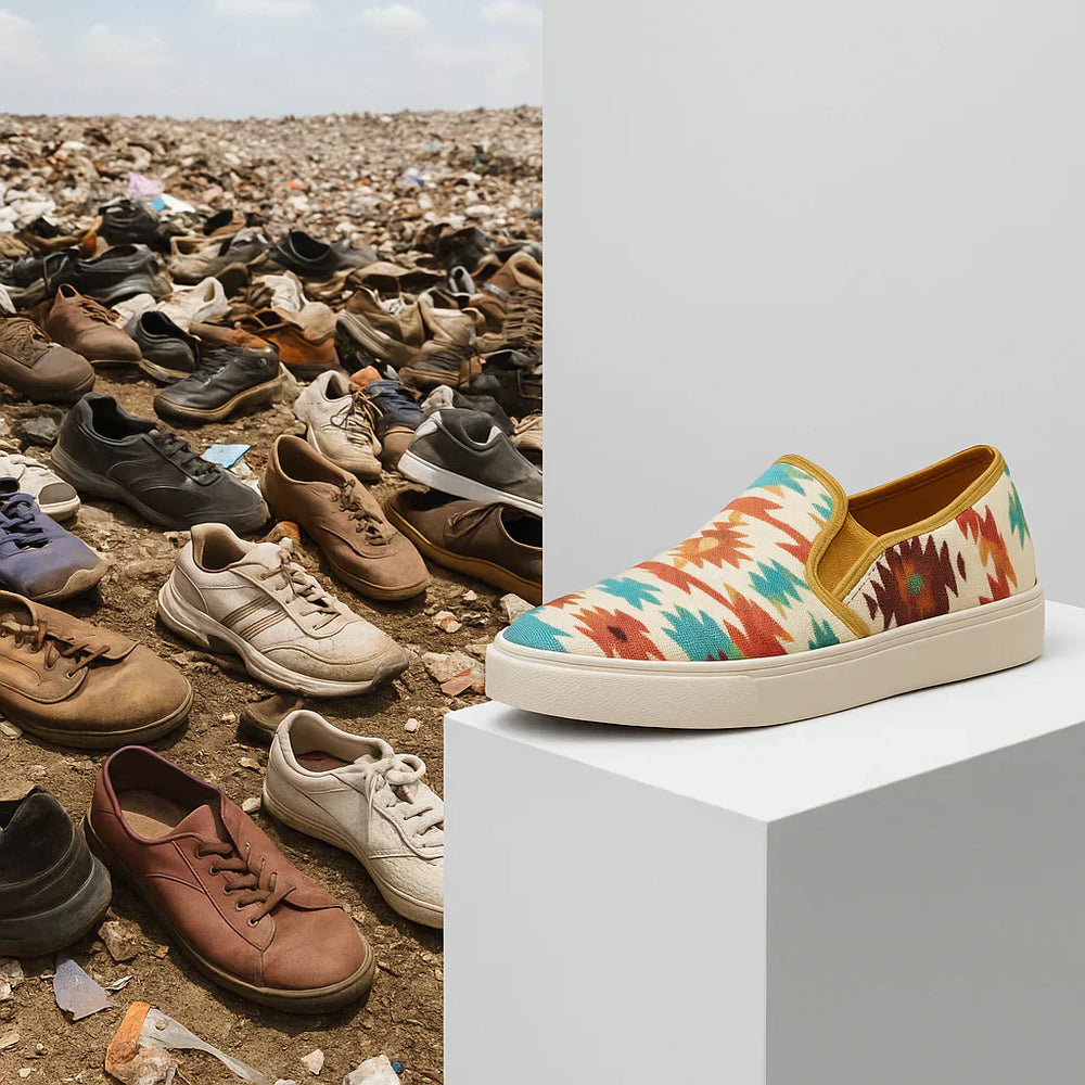 Stylish footwear displayed on a pedestal next to a pile of discarded shoes in a landfill
