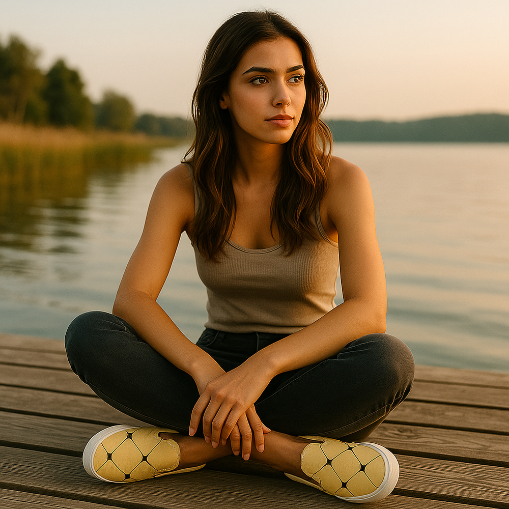 Young woman sitting cross-legged on dock by lake wearing casual outfit expressing mood as a style