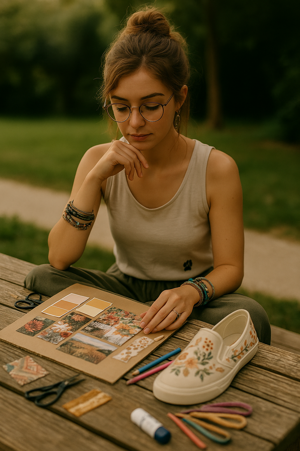 Young woman designing custom shoes with floral patterns while sitting outdoors at a wooden table