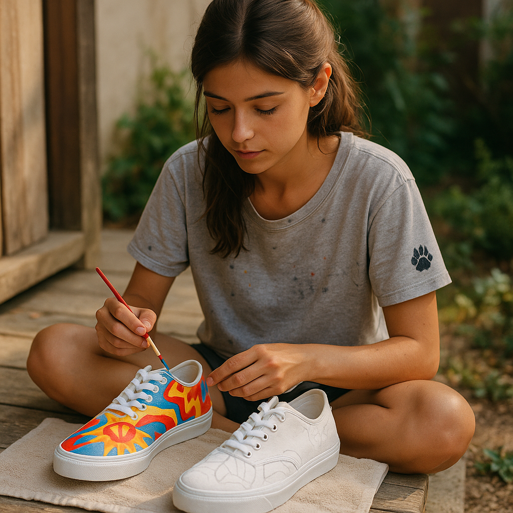 Young woman hand-painting colorful art shoes with vibrant sun and wave designs outdoors