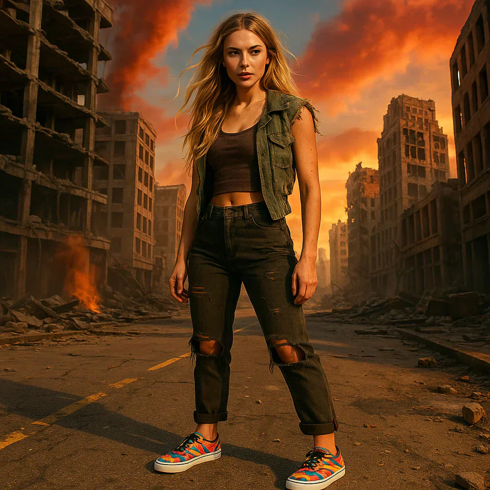 Fashionable woman standing in urban ruins, wearing colorful shoes and stylish outfit