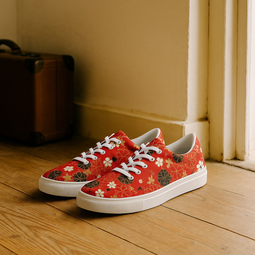 a pair of custom made WildSage Silk Road Black Lotus lace up low top sneakers