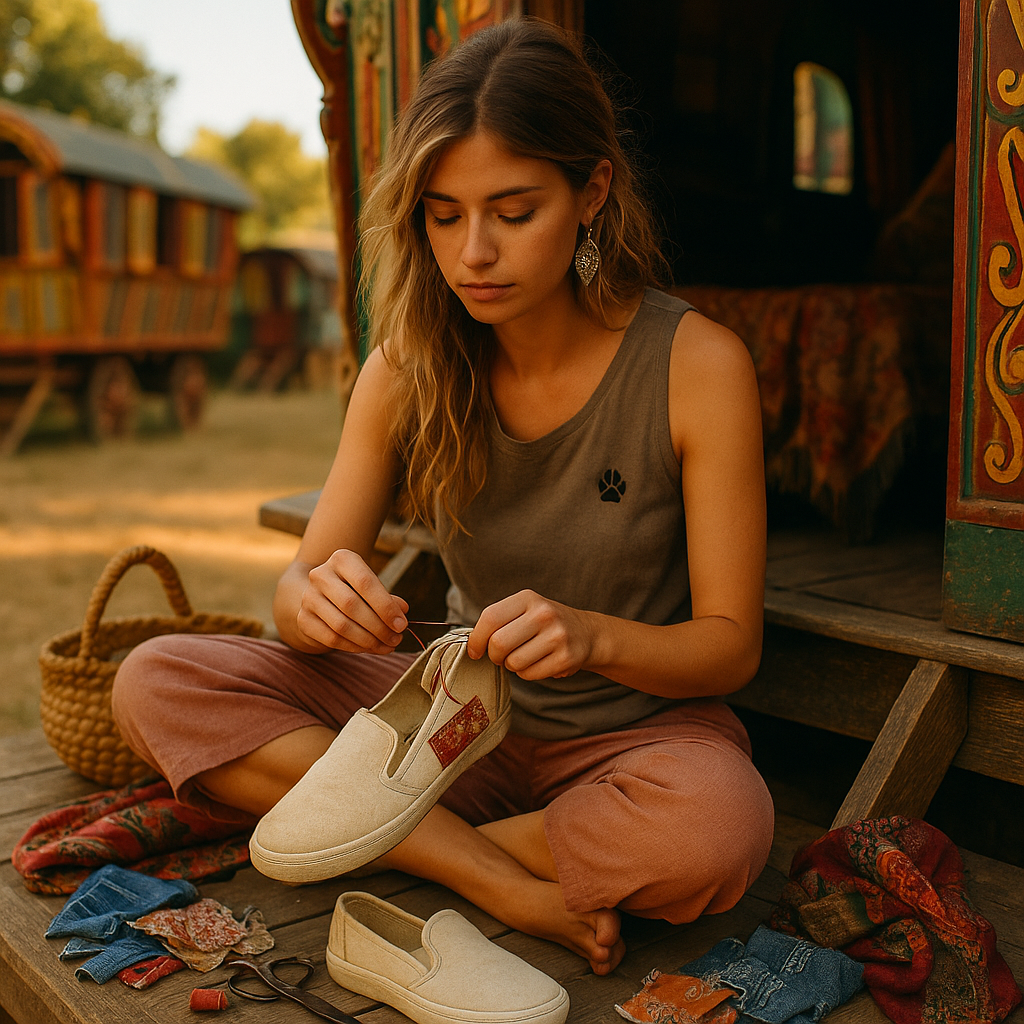 young woman sitting on the steps of a gypsy wagon sewing patches on her slip-on shoes