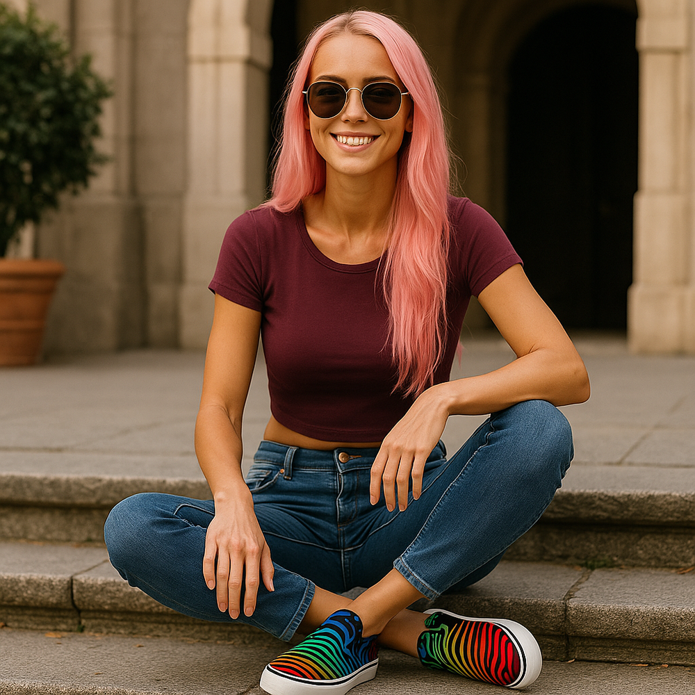 Smiling woman with pink hair wearing colorful printed shoes sitting on urban steps in casual outfit