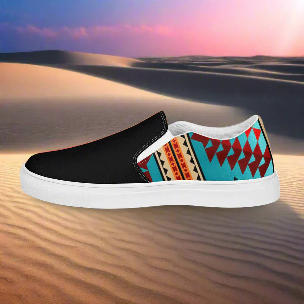 Stylish womens slip-on shoes featuring a vibrant patterned design on a desert backdrop