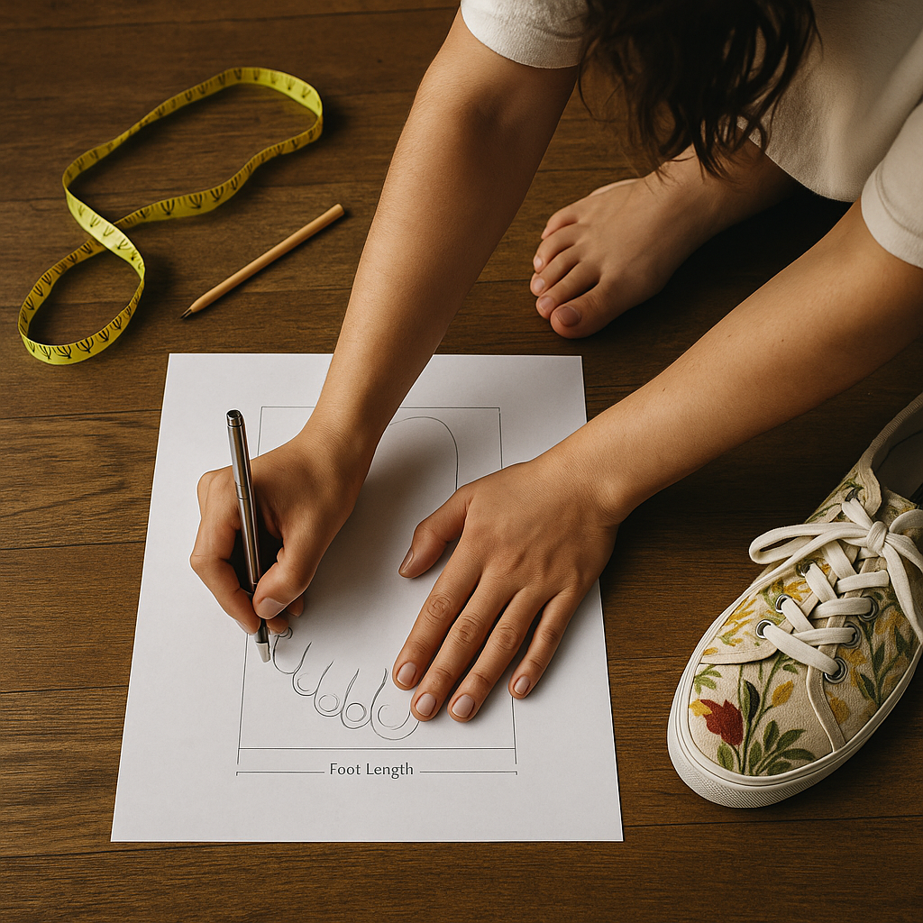 Person tracing their foot on paper with measuring tape nearby for fit guide with casual floral sneakers