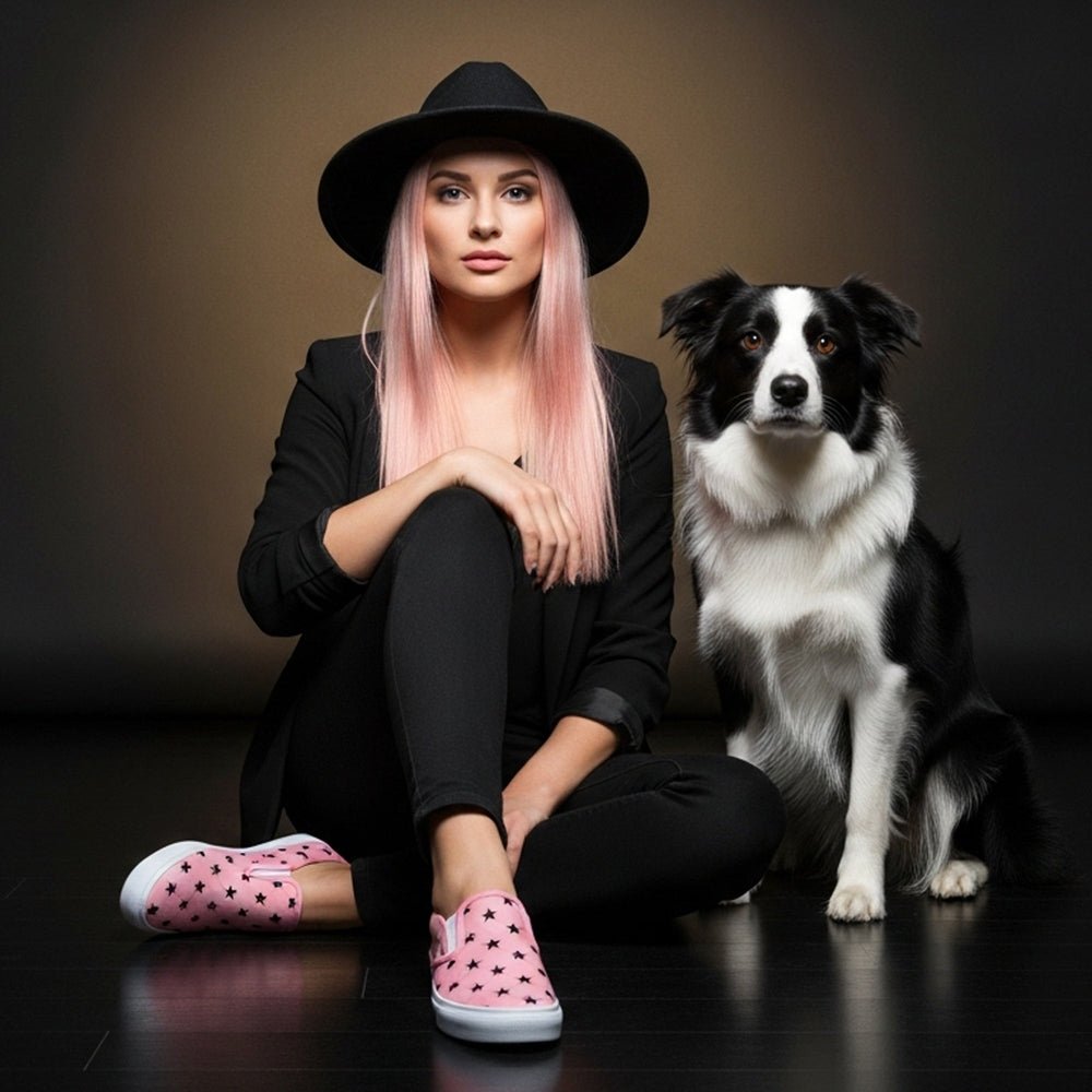 WildSage spokesmodel with her border collie wearing pink slip on canvas shoes with a black star pattern