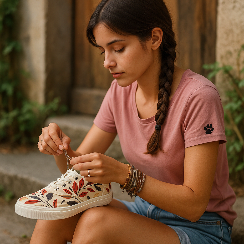 Young woman tying laces on white floral sneakers using shoe accessories outdoors