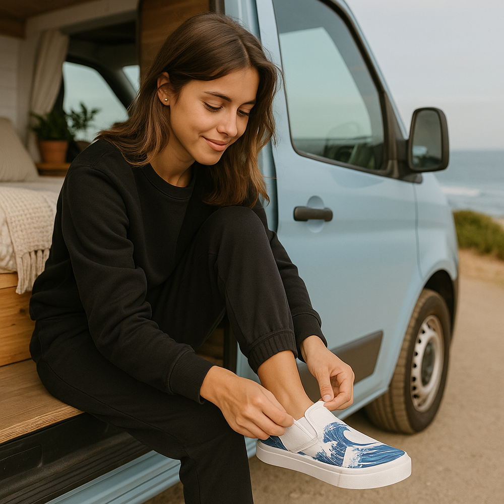 Young woman sitting at open door of blue van tying shoes enjoying relaxed van life near the coast