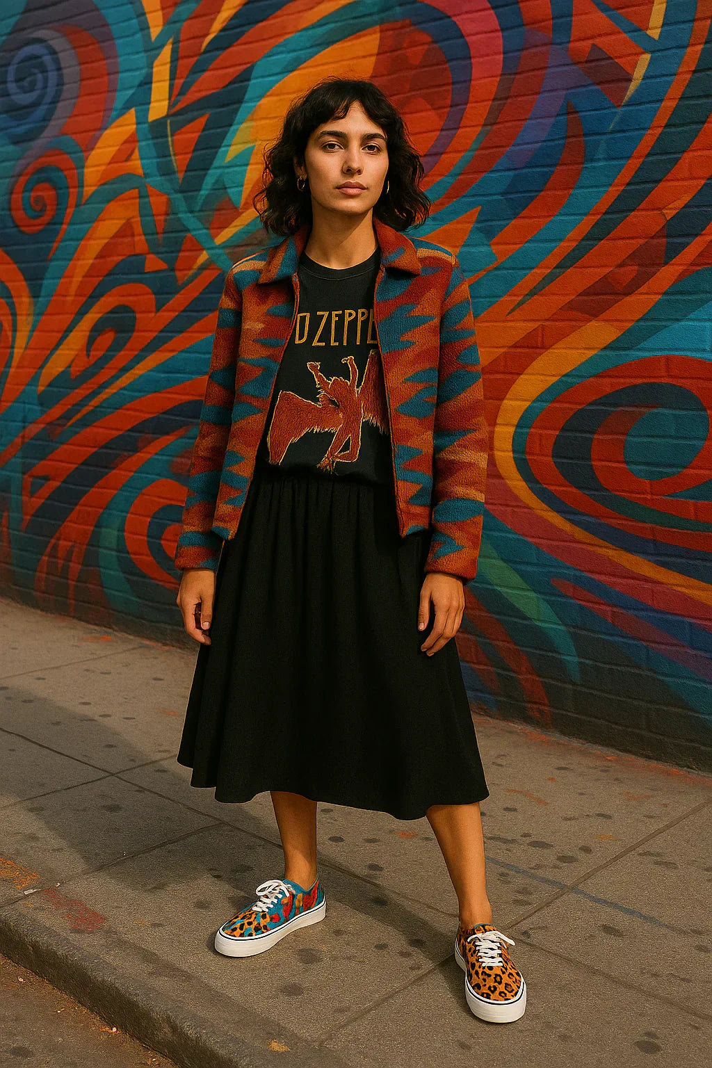 Fashionable model showcasing vibrant street style with artistic design against a colorful mural