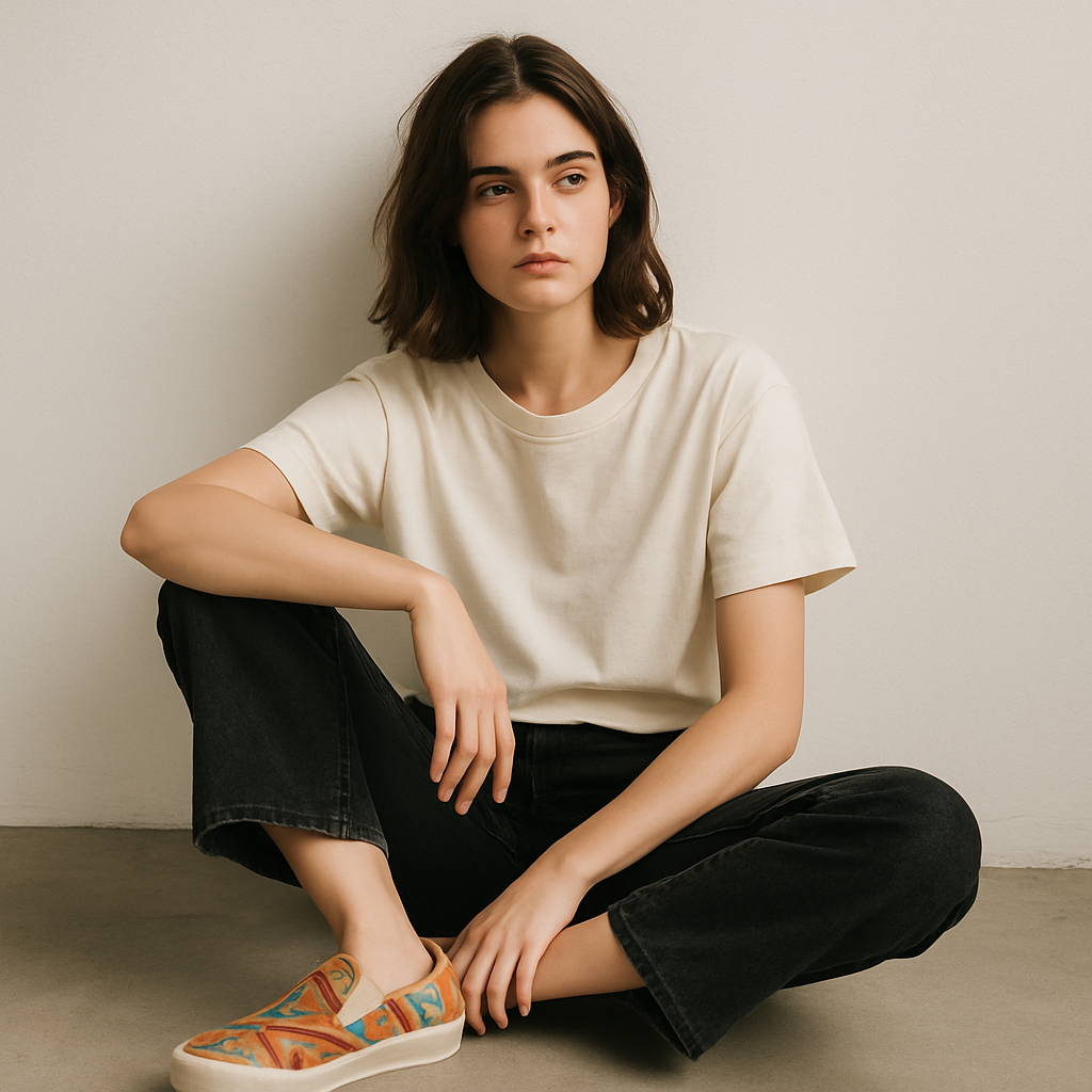 Young woman sitting on floor wearing colorful slip on canvas shoes with black pants and white shirt