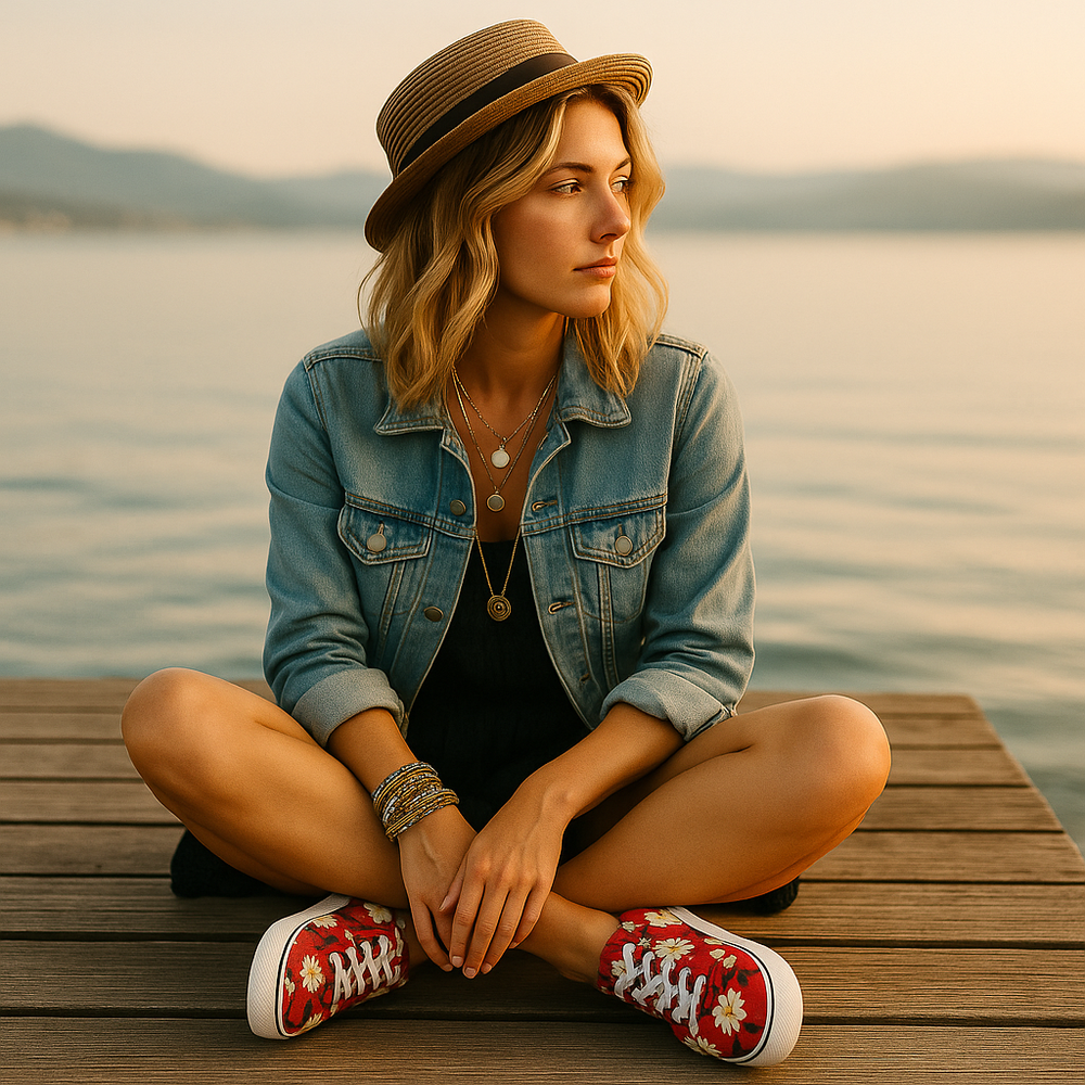 Woman sitting cross-legged on a wooden dock at golden hour, wearing custom red floral lace-up canvas shoes.