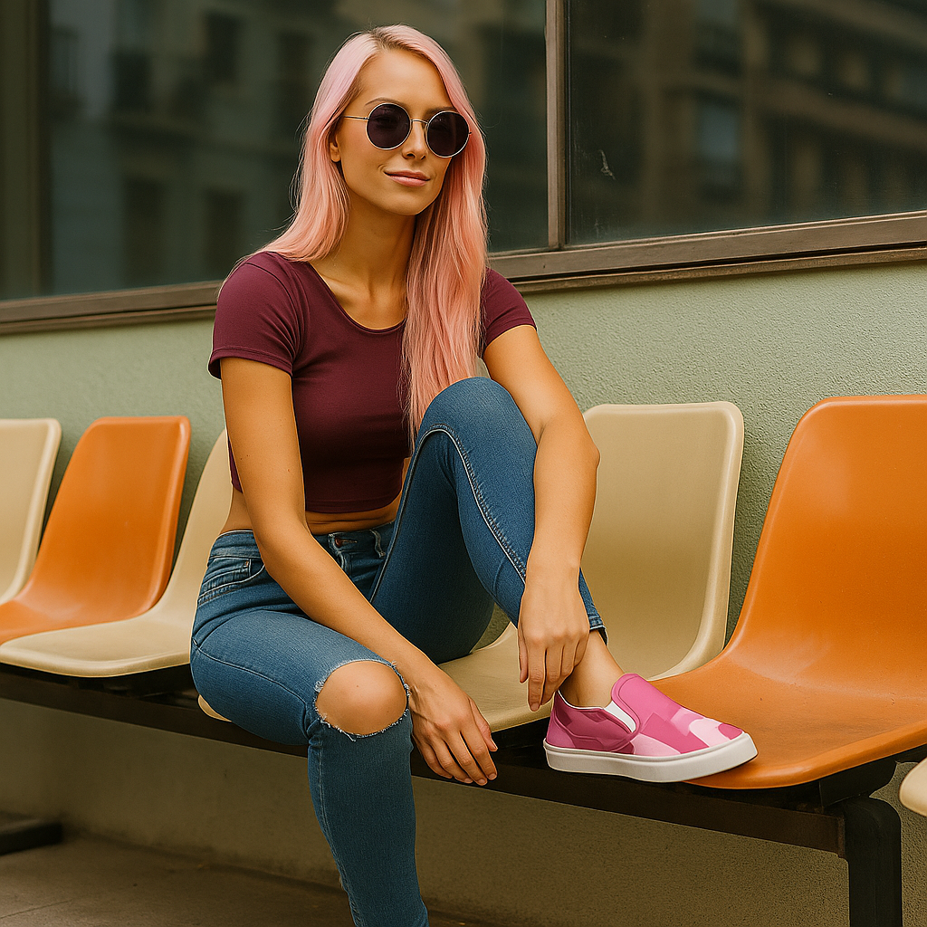 Woman with pink hair wearing sunglasses and custom shoes sitting on orange and beige chairs outdoors