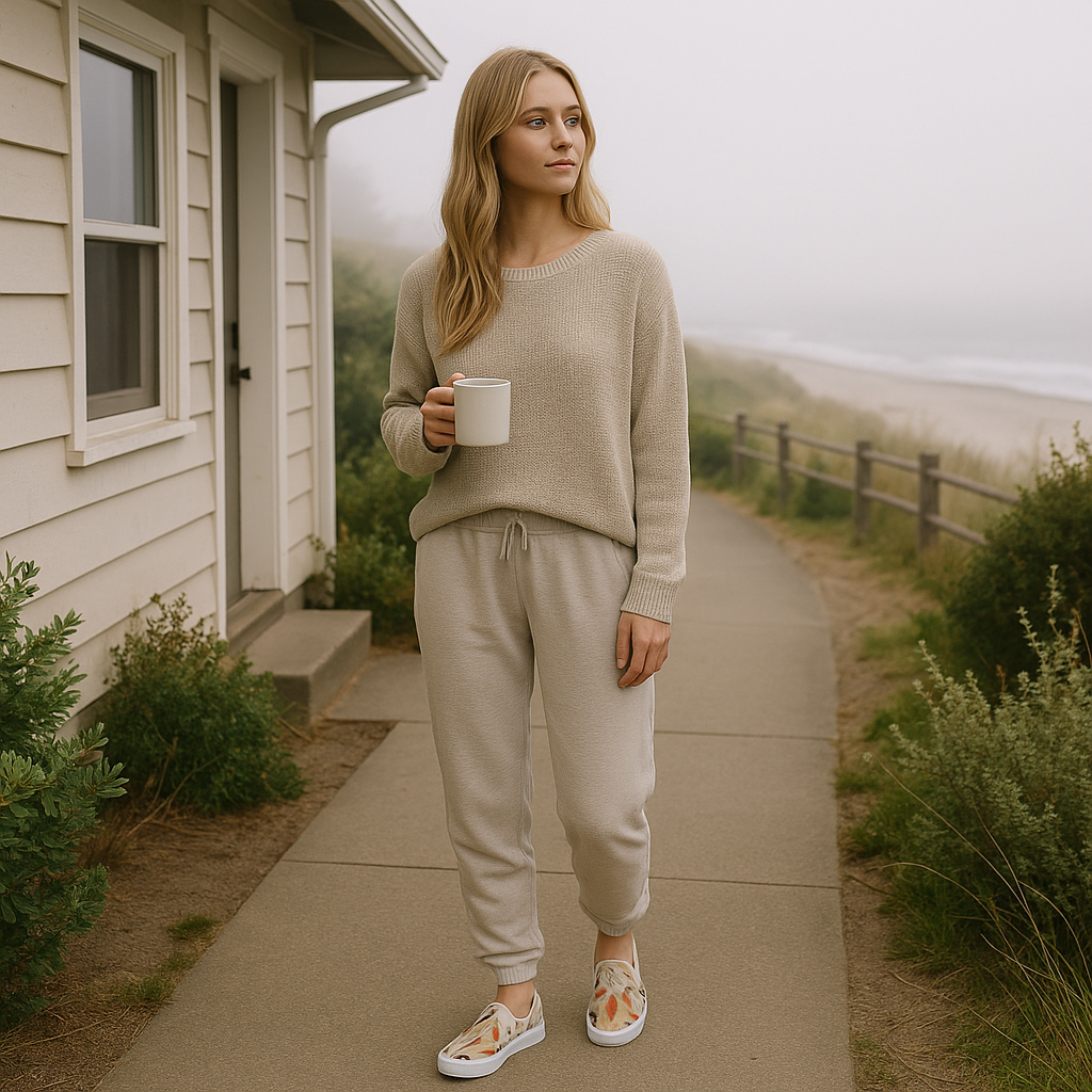Woman wearing casual beige outfit and sneakers holding a coffee mug on a foggy coastal path