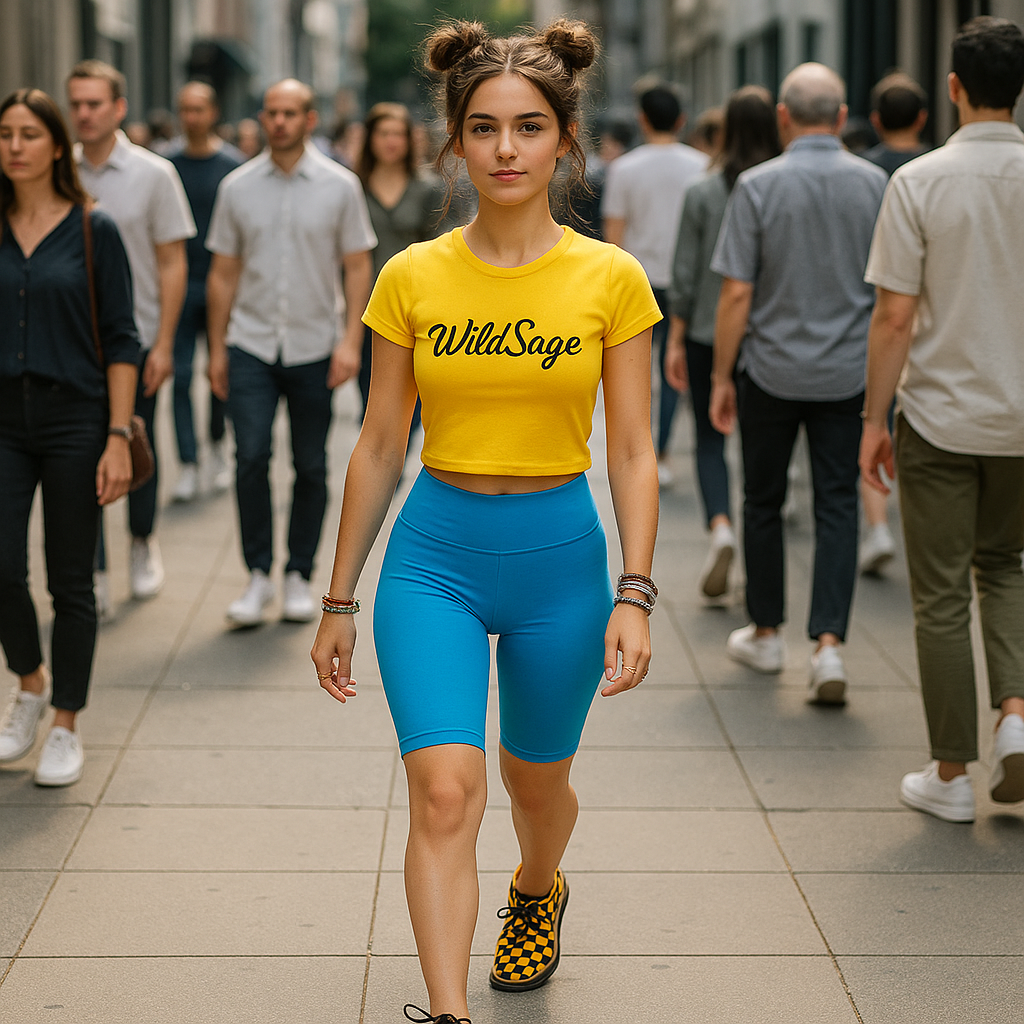 Young woman walking confidently wearing colored shoes in contrast to all the white shoes among a crowd in a city street