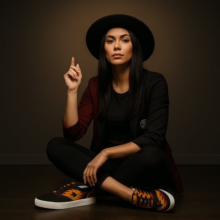 Woman wearing Southwest-inspired footwear with vibrant patterns and casual black outfit and hat