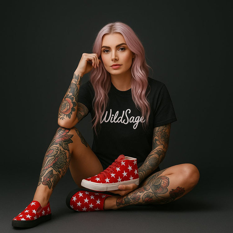 Woman with pastel pink hair sits cross-legged on a dark studio floor wearing a black WildSage t-shirt and red slip-on canvas shoes with a white star repeating pattern.