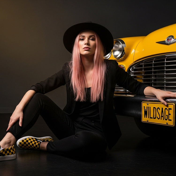 Woman wearing geometric patterned footwear with black and yellow checkered design sitting next to a yellow vintage car