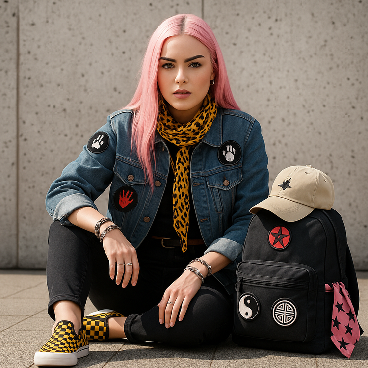 "Pink-haired model in denim jacket with WildSage checkerboard slip-ons, scarf, backpack with patches, and khaki raven hat accessory."