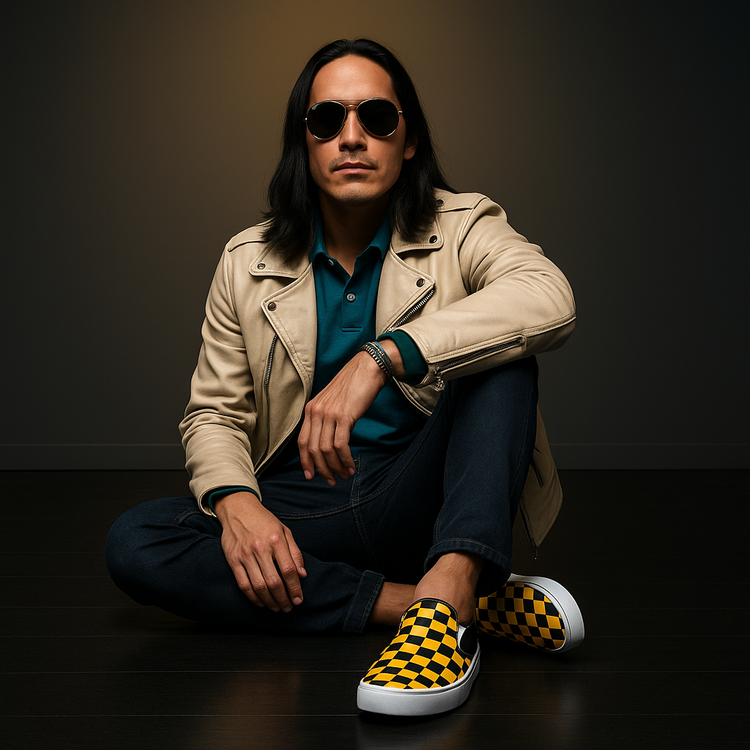 Man sitting with one leg forward, wearing yellow and black checkerboard slip-on canvas shoes.