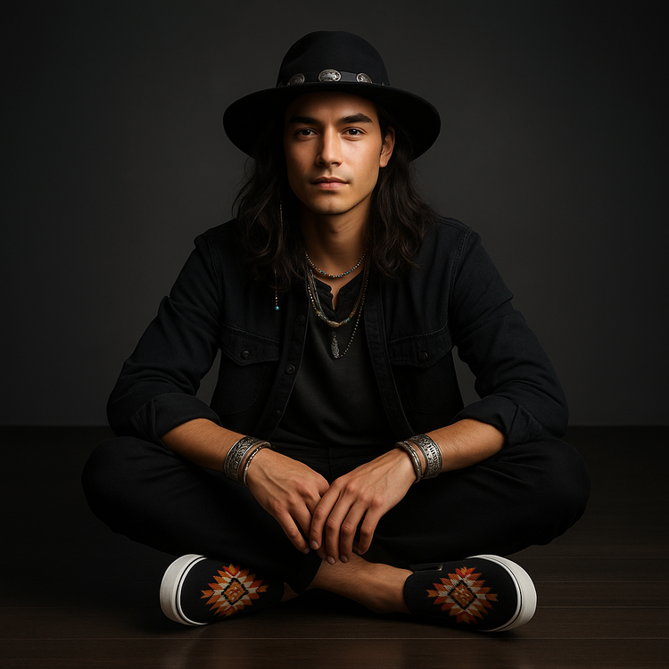 Man with long wavy dark hair sitting cross-legged in a desert landscape, wearing slip-on canvas shoes with a bold orange and gold Southwestern pattern, black pants, and layered silver Navajo bracelets on both wrists.