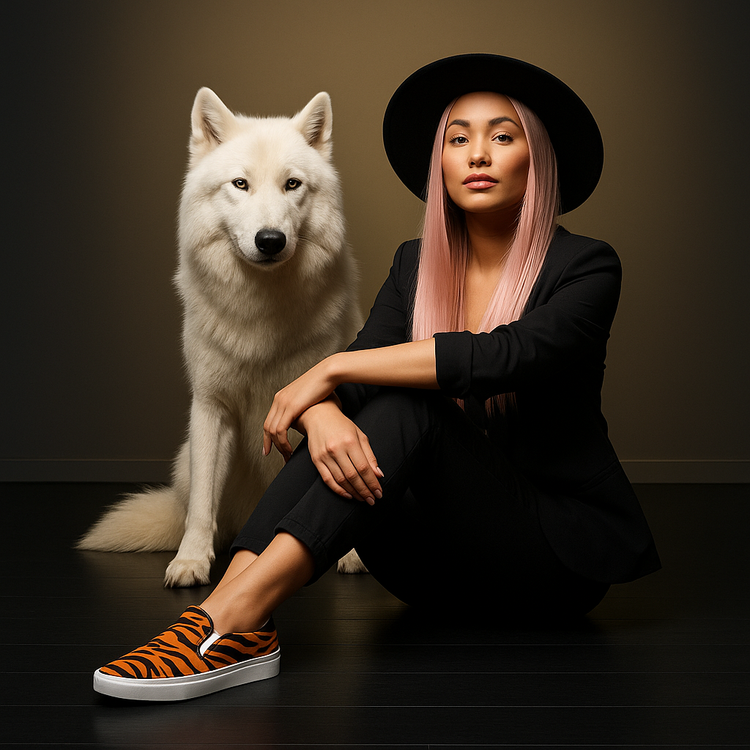 Young woman with pink hair and black outfit sits beside a white wolf, wearing WildSage tiger print slip-on canvas shoes that feature bold orange and black stripes and white soles, spotlight drawing focus to footwear.