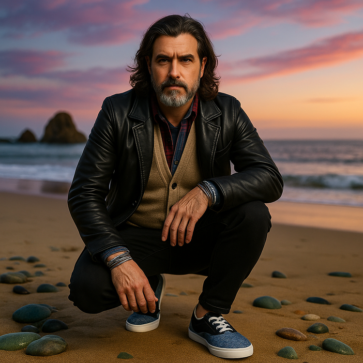 A man kneels on one knee. He wears a lpair of black lace-up sneakers with a blue Asian geometric wave pattern. The lighting highlights the shoes while casting soft shadows, creating a cinematic and introspective vibe.