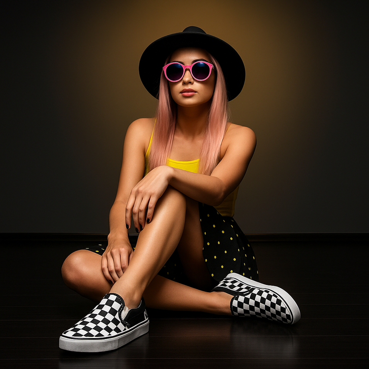 A stylish young woman with long pink hair, a black wide-brim hat, and pink sunglasses sits cross-legged confidently showcasing black and white checkerboard slip-on canvas shoes that add a bold, retro edge to her look.